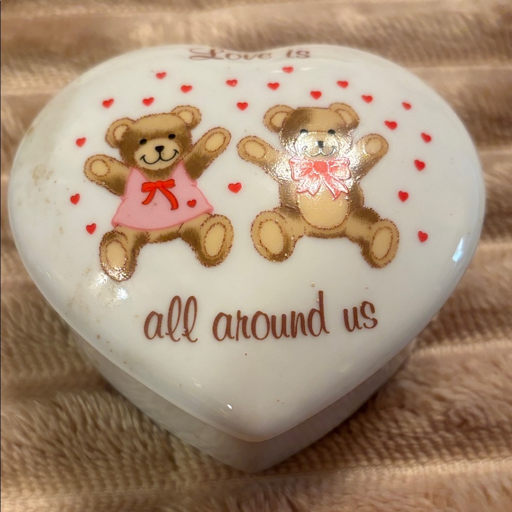 Vintage from 80s Heart-Shaped Ceramic Box with Teddy Bears